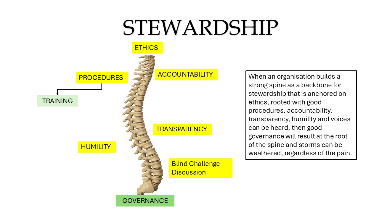 Stewardship spine: ethics, accountability, transparency, humility, procedures, training, blind challenge discussion, governance.